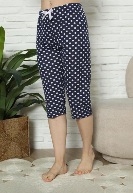 Pantaloni pijama damă 3/4, bleumarin, imprime cu buline, engros